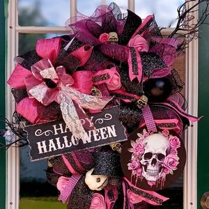 Pink and black skeleton and rose wreath